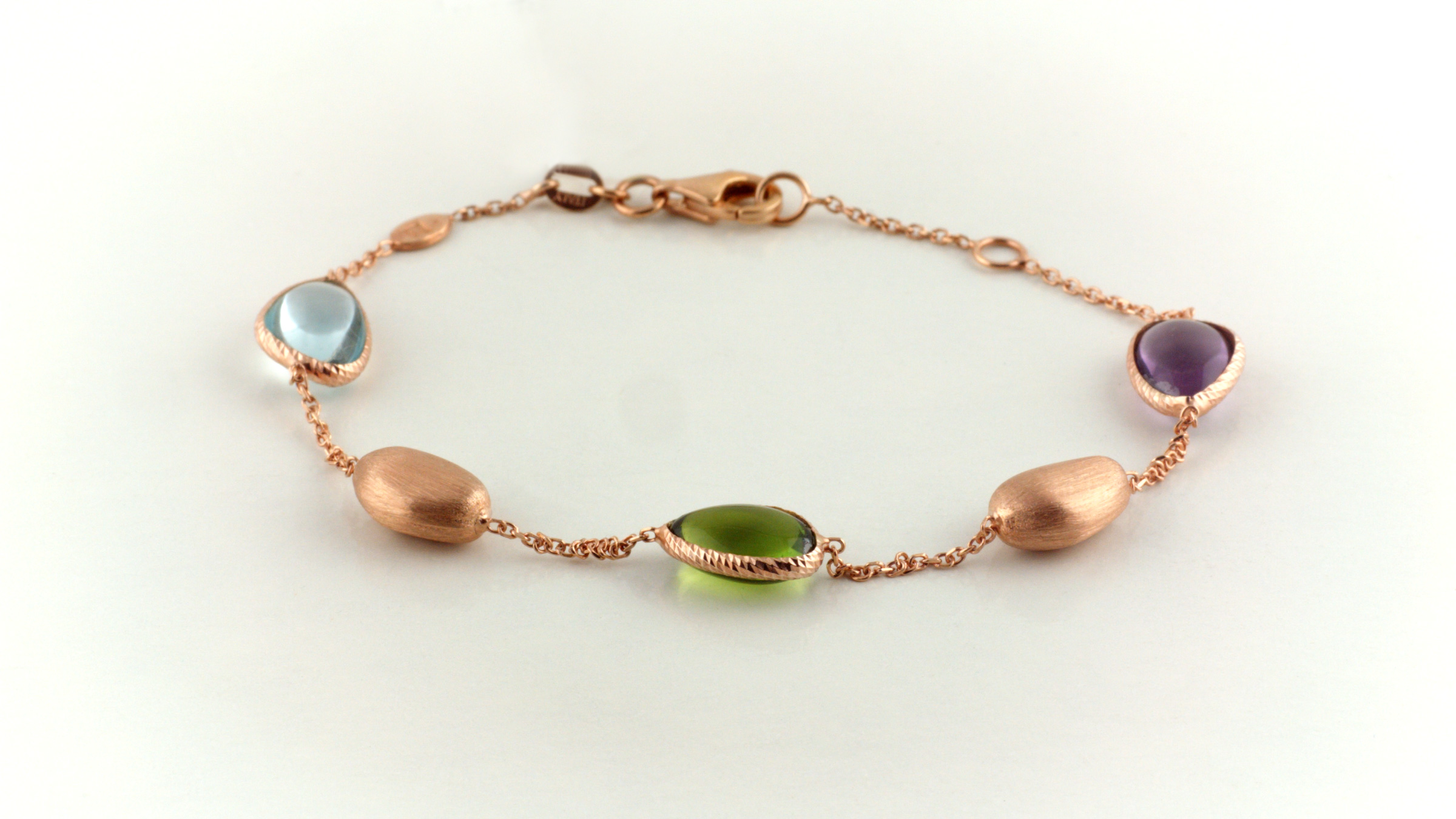 14K rose gold bracelet with colored multi-stones: sugilite, rodonite and amazzonite.