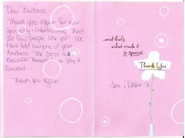 Thank you card to Barbara Oliver Jewelry