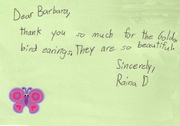 Thank you card to Barbara Oliver Jewelry