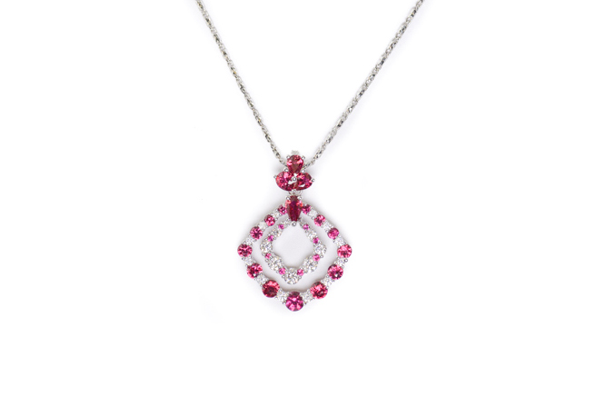 Ruby and diamond pendant necklace in 18K white gold