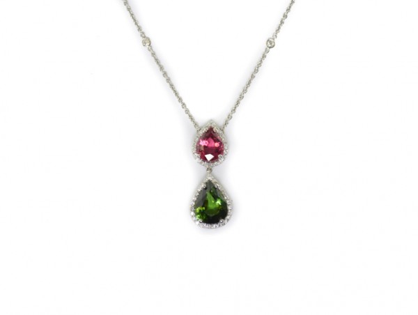 Green and pink tourmaline pendant necklace with diamonds in 18K white gold