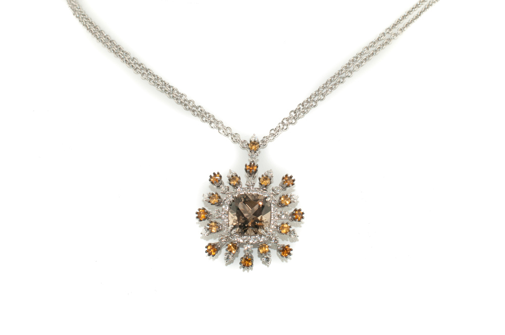 Smoky topaz quartz and diamonds pendant necklace in 18K white gold